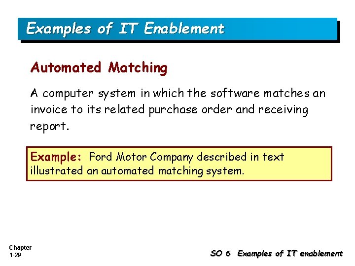 Examples of IT Enablement Automated Matching A computer system in which the software matches