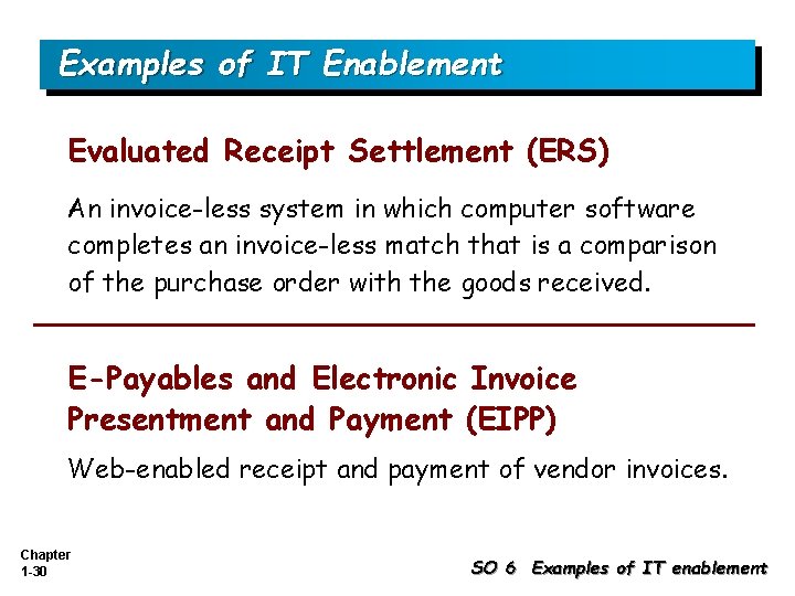Examples of IT Enablement Evaluated Receipt Settlement (ERS) An invoice-less system in which computer