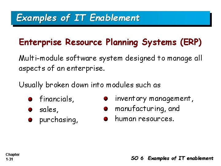 Examples of IT Enablement Enterprise Resource Planning Systems (ERP) Multi-module software system designed to