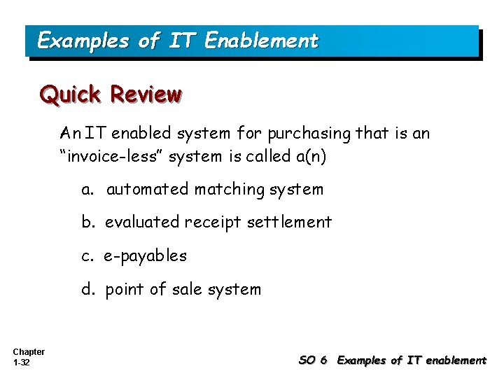 Examples of IT Enablement Quick Review An IT enabled system for purchasing that is