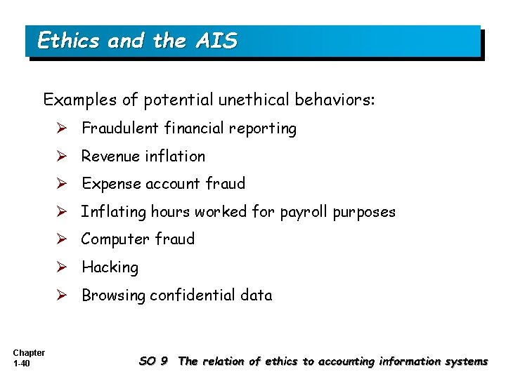 Ethics and the AIS Examples of potential unethical behaviors: Ø Fraudulent financial reporting Ø