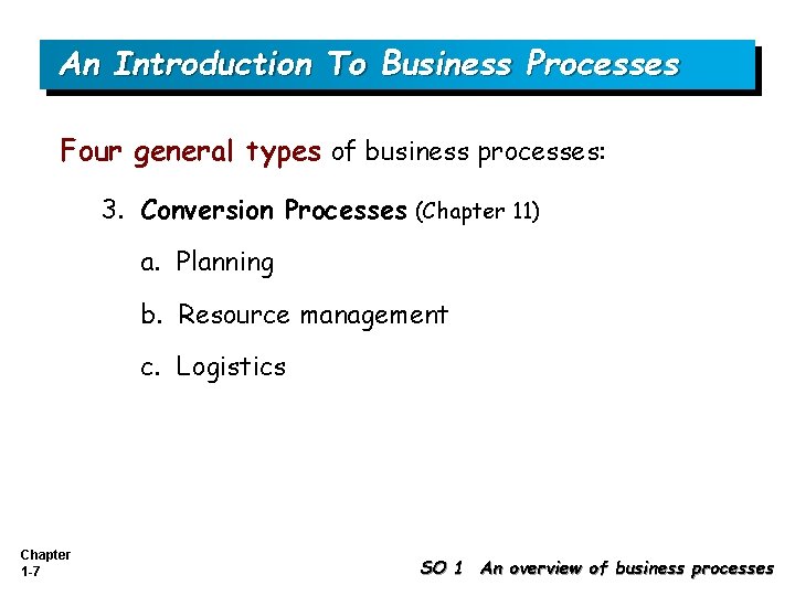 An Introduction To Business Processes Four general types of business processes: 3. Conversion Processes