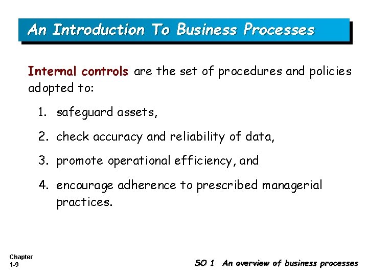 An Introduction To Business Processes Internal controls are the set of procedures and policies