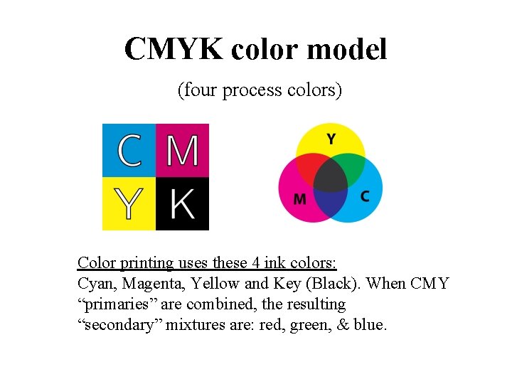 CMYK color model (four process colors) Color printing uses these 4 ink colors: Cyan,