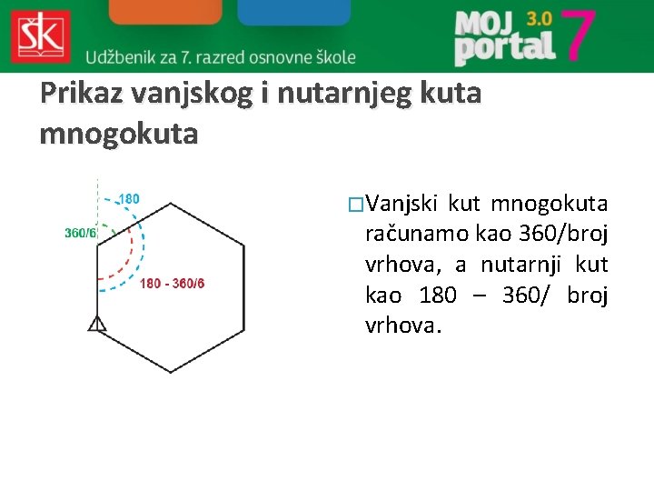 Prikaz vanjskog i nutarnjeg kuta mnogokuta � Vanjski kut mnogokuta računamo kao 360/broj vrhova,