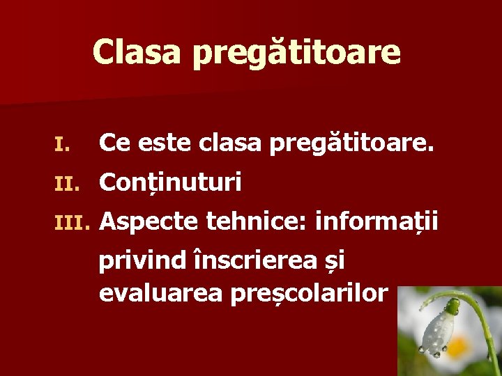 Clasa pregătitoare I. Ce este clasa pregătitoare. II. Conținuturi III. Aspecte tehnice: informații privind