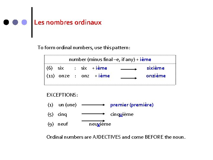 Les nombres ordinaux To form ordinal numbers, use this pattern: number (minus final –e,