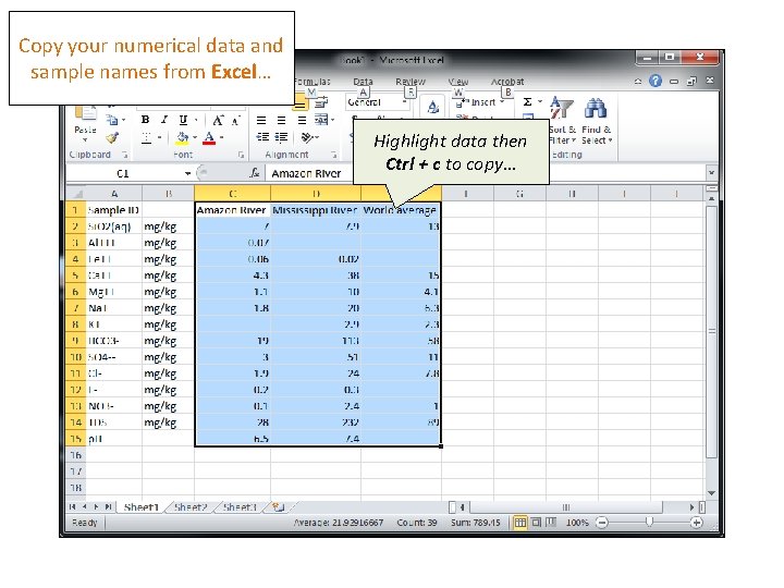 Copy your numerical data and sample names from Excel… Highlight data then Ctrl +