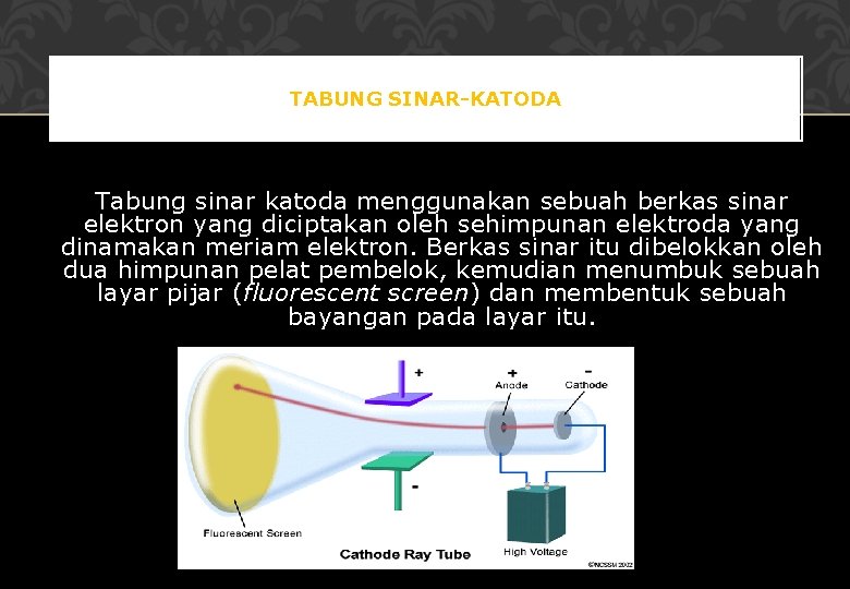 TABUNG SINAR-KATODA Tabung sinar katoda menggunakan sebuah berkas sinar elektron yang diciptakan oleh sehimpunan