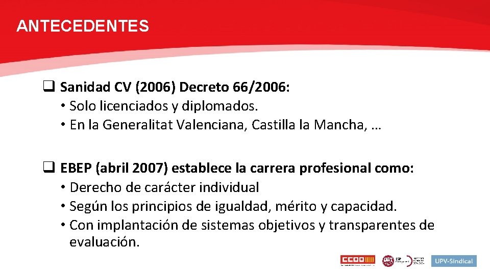 ANTECEDENTES q Sanidad CV (2006) Decreto 66/2006: • Solo licenciados y diplomados. • En