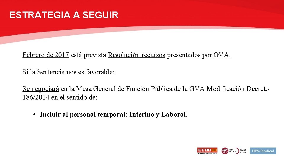 ESTRATEGIA A SEGUIR Febrero de 2017 está prevista Resolución recursos presentados por GVA. Si