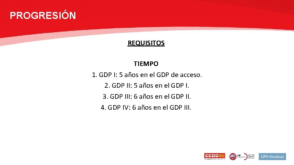 PROGRESIÓN REQUISITOS TIEMPO 1. GDP I: 5 años en el GDP de acceso. 2.