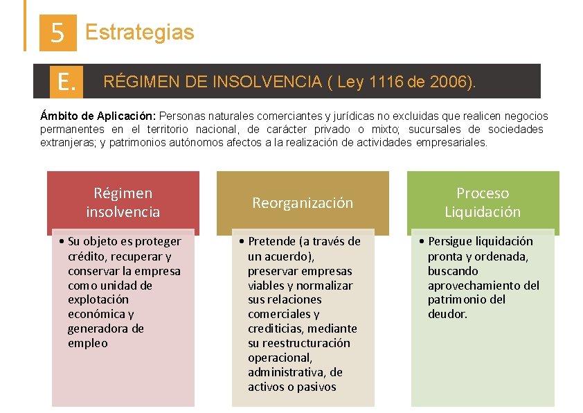 5 E. Estrategias RÉGIMEN DE INSOLVENCIA ( Ley 1116 de 2006). Ámbito de Aplicación: