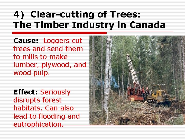 4) Clear-cutting of Trees: The Timber Industry in Canada Cause: Loggers cut trees and