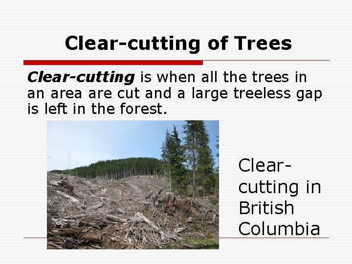 Clear-cutting of Trees Clear-cutting is when all the trees in an area are cut Clear-cutting of Trees Clear-cutting is when all the trees in an area are cut