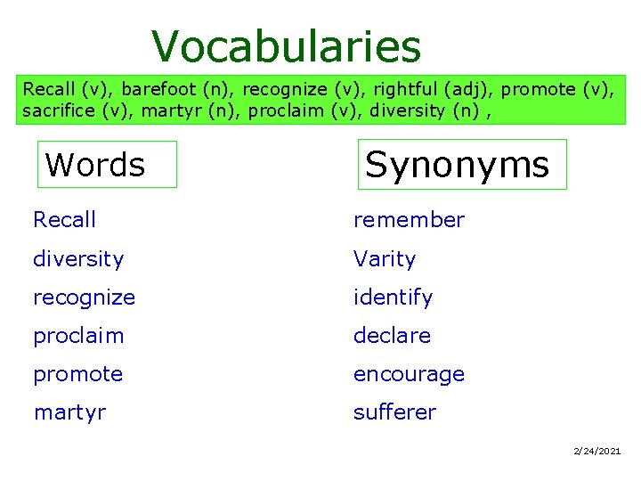 Vocabularies Recall (v), barefoot (n), recognize (v), rightful (adj), promote (v), sacrifice (v), martyr