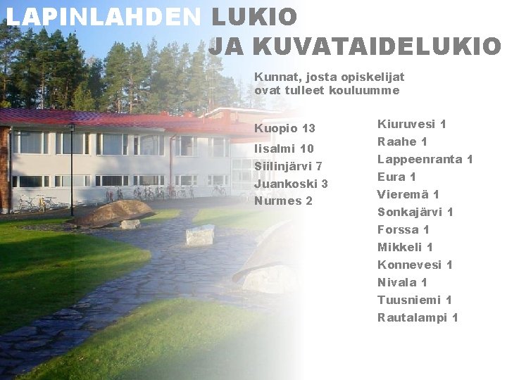 LAPINLAHDEN LUKIO JA KUVATAIDELUKIO Kunnat, josta opiskelijat ovat tulleet kouluumme Kuopio 13 Iisalmi 10