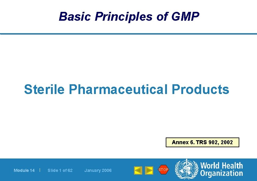 Basic Principles of GMP Sterile Pharmaceutical Products Annex 6. TRS 902, 2002 Module 14