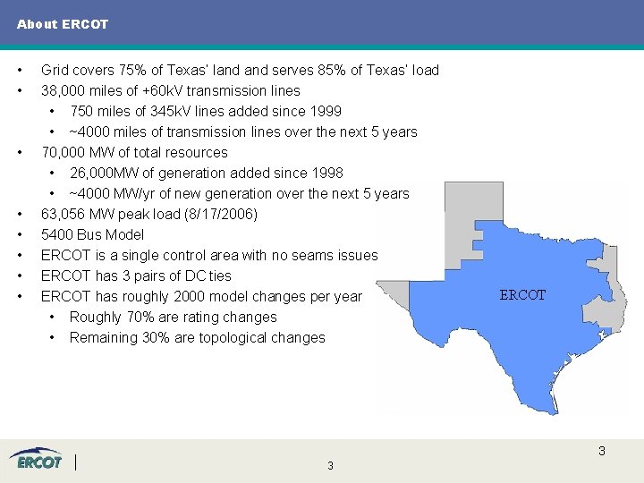About ERCOT • • Grid covers 75% of Texas’ land serves 85% of Texas’ About ERCOT • • Grid covers 75% of Texas’ land serves 85% of Texas’