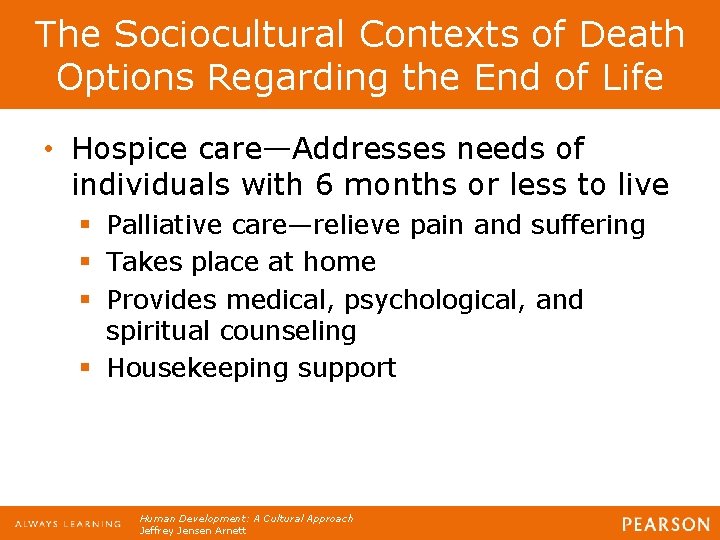 The Sociocultural Contexts of Death Options Regarding the End of Life • Hospice care—Addresses