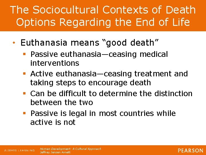 The Sociocultural Contexts of Death Options Regarding the End of Life • Euthanasia means