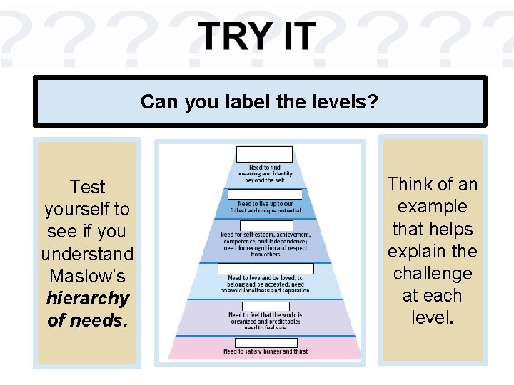 Can you label the levels? Test yourself to see if you understand Maslow’s hierarchy