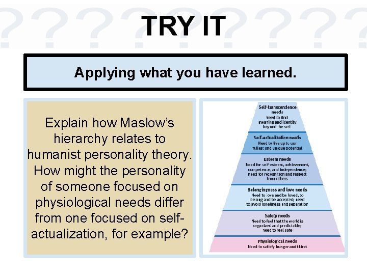 Applying what you have learned. Explain how Maslow’s hierarchy relates to humanist personality theory.