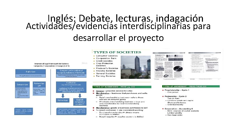 Inglés: Debate, lecturas, indagación Actividades/evidencias interdisciplinarias para desarrollar el proyecto 