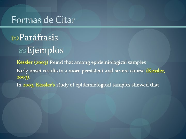 Formas de Citar Paráfrasis Ejemplos Kessler (2003) found that among epidemiological samples Early onset