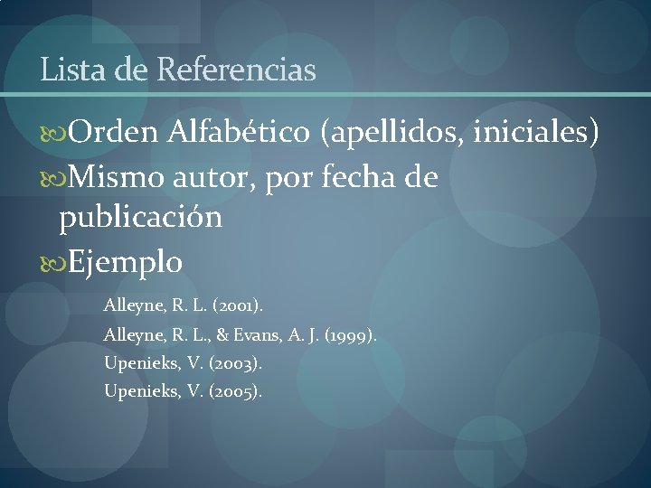 Lista de Referencias Orden Alfabético (apellidos, iniciales) Mismo autor, por fecha de publicación Ejemplo