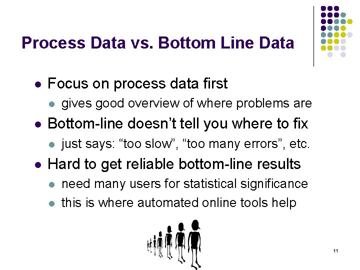 Process Data vs. Bottom Line Data l Focus on process data first l l