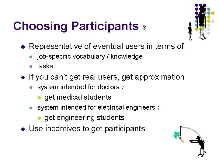 Choosing Participants ? l Representative of eventual users in terms of l l l