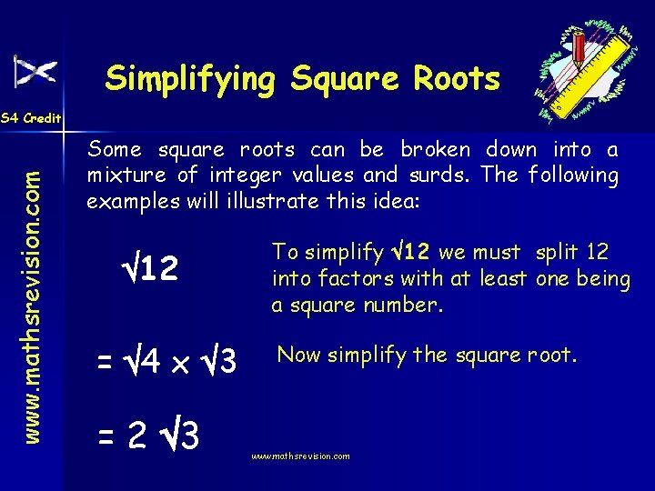 Simplifying Square Roots www. mathsrevision. com S 4 Credit Some square roots can be