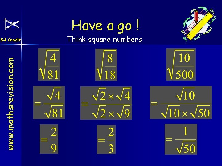 Have a go ! www. mathsrevision. com S 4 Credit Think square numbers 