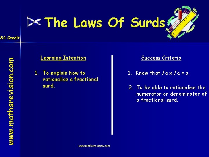 The Laws Of Surds www. mathsrevision. com S 4 Credit Learning Intention 1. To