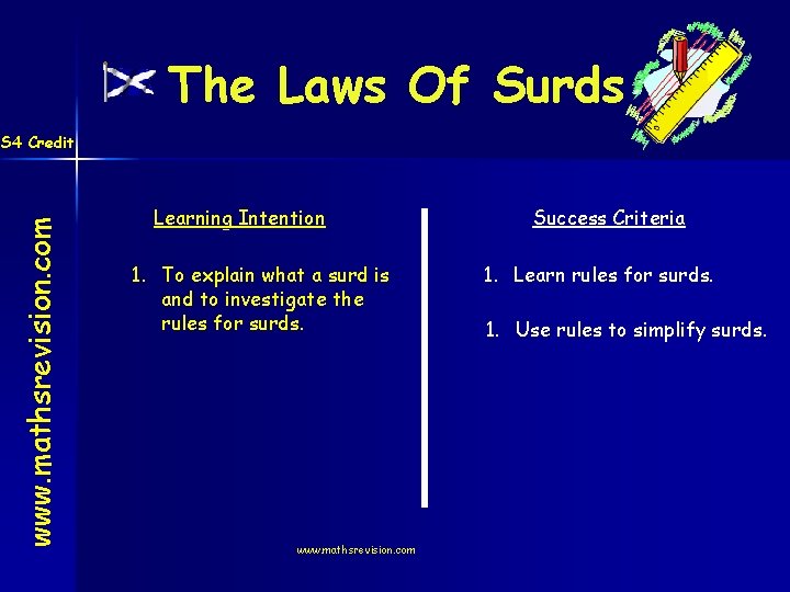 The Laws Of Surds www. mathsrevision. com S 4 Credit Learning Intention 1. To