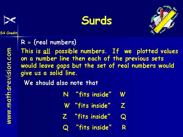 Surds www. mathsrevision. com S 4 Credit R = {real numbers} This is all