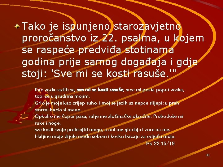 Tako je ispunjeno starozavjetno proročanstvo iz 22. psalma, u kojem se raspeće predviđa stotinama