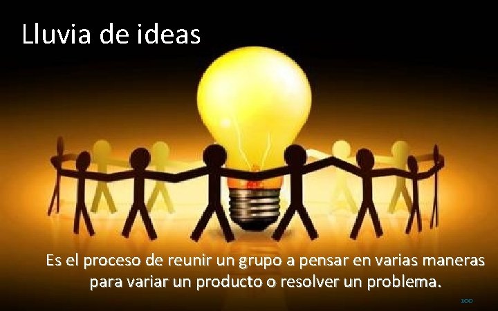 Lluvia de ideas Es el proceso de reunir un grupo a pensar en varias