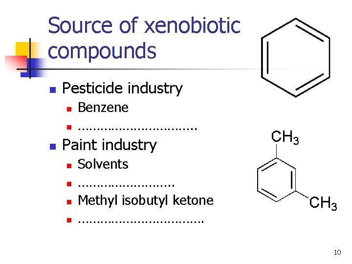 Source of xenobiotic compounds n Pesticide industry n n n Benzene ……………. . Paint Source of xenobiotic compounds n Pesticide industry n n n Benzene ……………. . Paint
