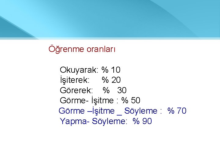  Öğrenme oranları Okuyarak: % 10 İşiterek: % 20 Görerek: % 30 Görme- İşitme