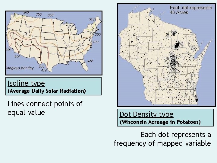 Isoline type (Average Daily Solar Radiation) Lines connect points of equal value Dot Density