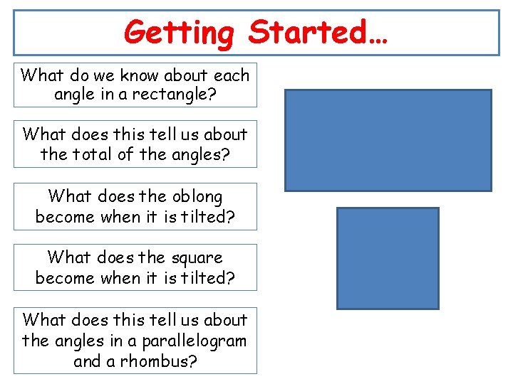 Getting Started… What do we know about each angle in a rectangle? What does