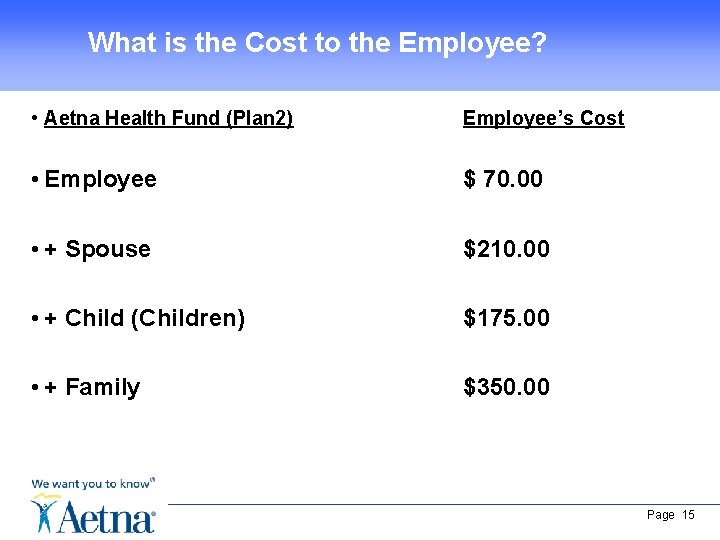 What is the Cost to the Employee? • Aetna Health Fund (Plan 2) Employee’s