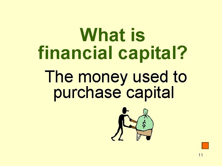 What is financial capital? The money used to purchase capital 11 