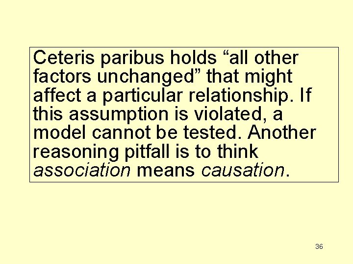 Ceteris paribus holds “all other factors unchanged” that might affect a particular relationship. If