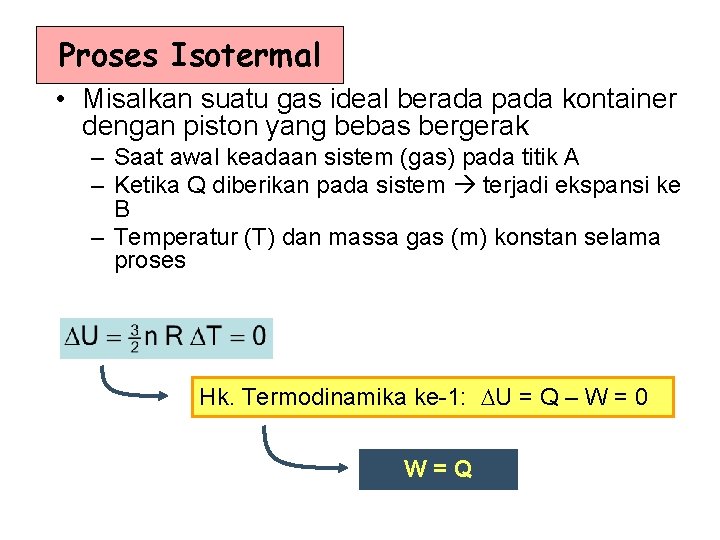 Proses Isotermal • Misalkan suatu gas ideal berada pada kontainer dengan piston yang bebas