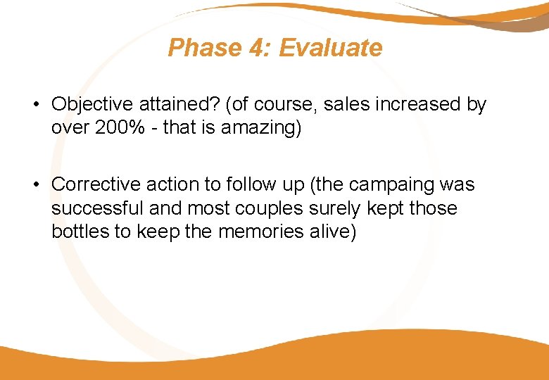 Phase 4: Evaluate • Objective attained? (of course, sales increased by over 200% - Phase 4: Evaluate • Objective attained? (of course, sales increased by over 200% -