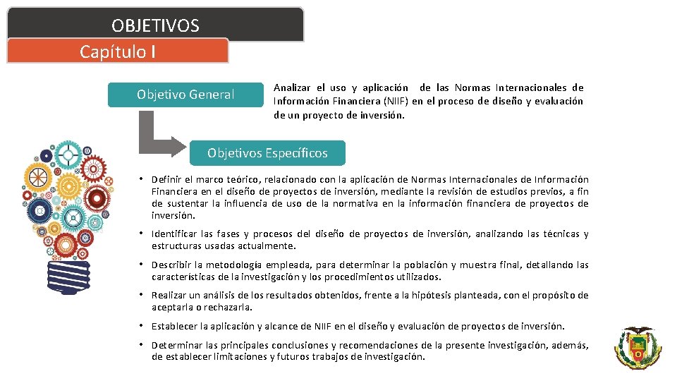 OBJETIVOS Capítulo I Objetivo General Analizar el uso y aplicación de las Normas Internacionales