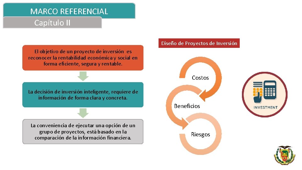 MARCO REFERENCIAL Capítulo II Diseño de Proyectos de Inversión El objetivo de un proyecto